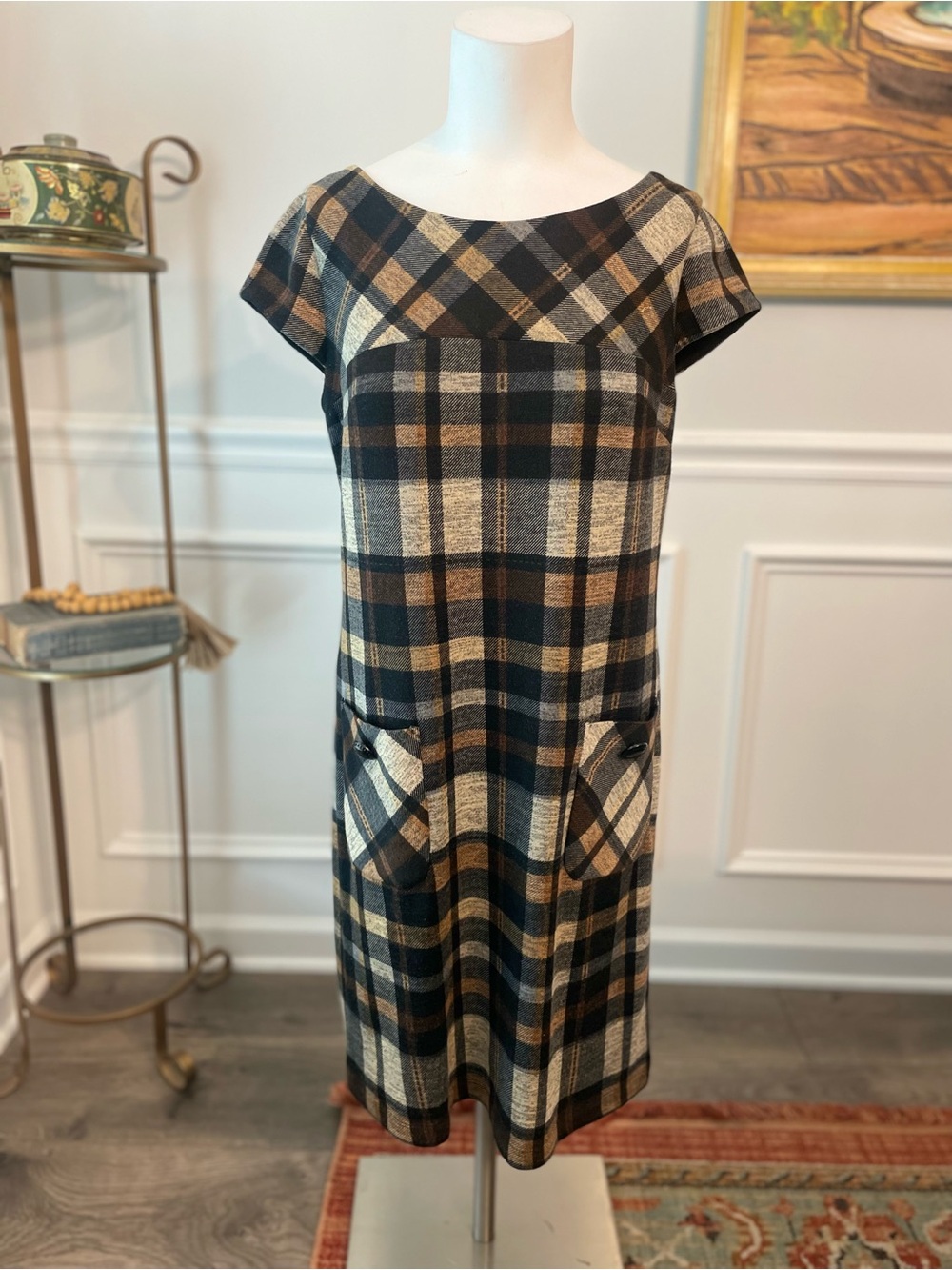 new directions Brown and Black Plaid Short-Sleeve Shift Dress